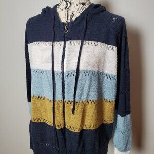 Umgee Hooded Zip Cardigan Colorblock Knit Sweater Medium Cozy Boho